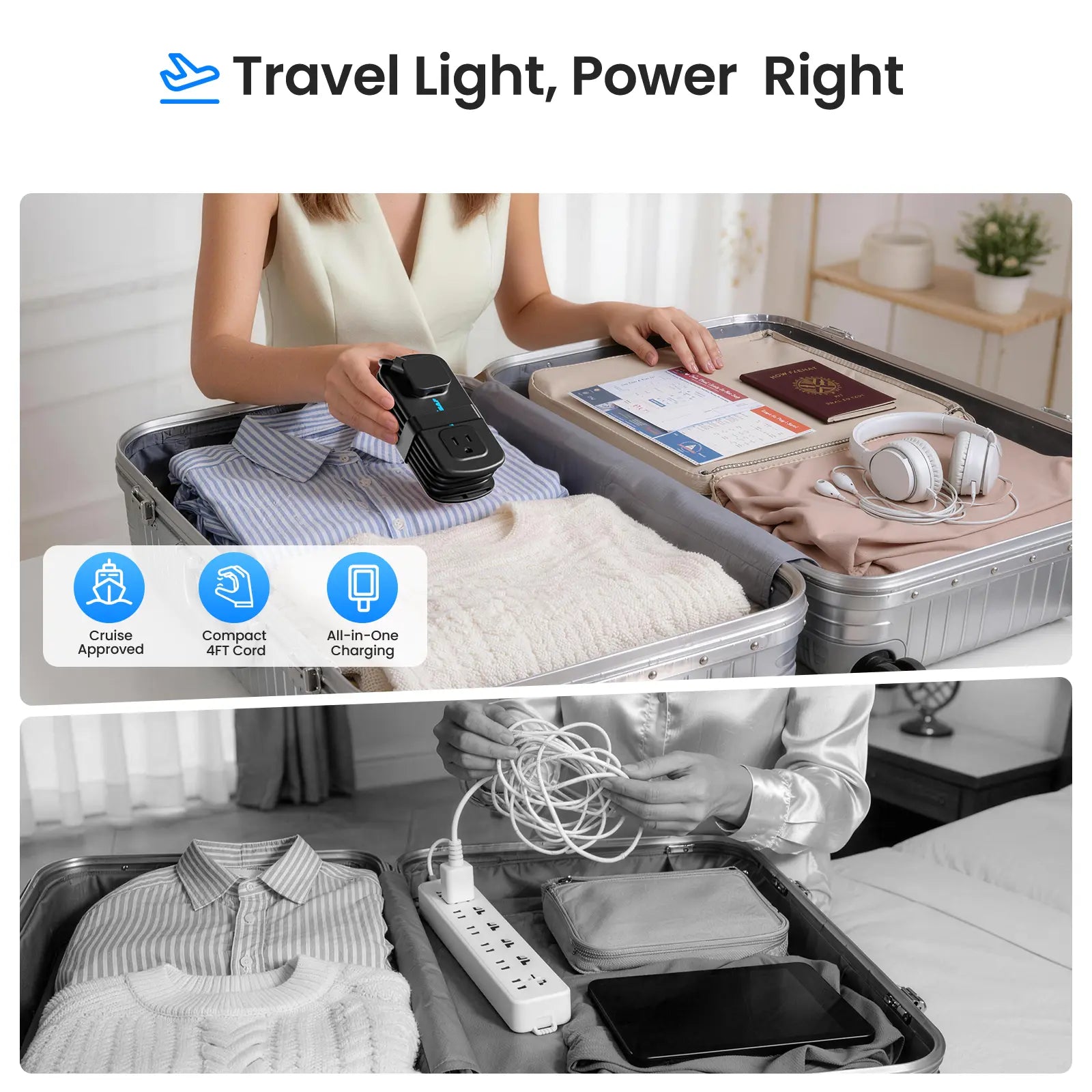 Cruise Essentials 2026: POWSAF 20W Fast Charging Travel Power Strip with 3 USB Ports, 2 Three-Prong & 2 Two-Prong Outlets - Compact Design for Hassle-Free Charging on Your Travels