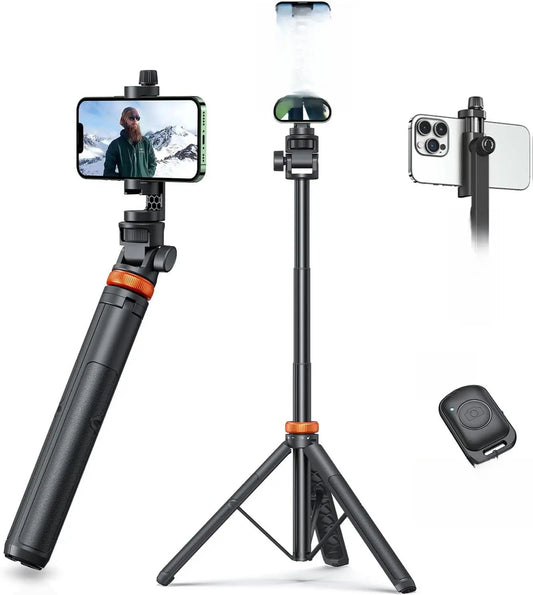 EUCOS EUTP-010 62" Phone Tripod with Remote & Extendable Selfie Stick for Iphone Android - Studio Grade Rig with Cold Shoe & Wireless Control for Vlogging & Travel